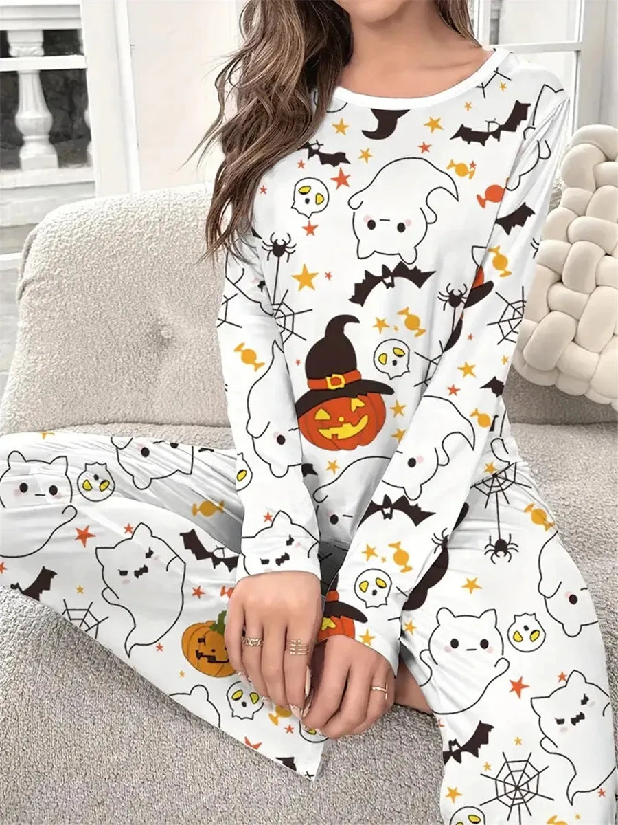 Women Pajama Sets Halloween Ghosts and Pumpkin Print Spooky Outfits Sleepwear Long Sleeve Round Neck Tops Long Pants Suits Pjs