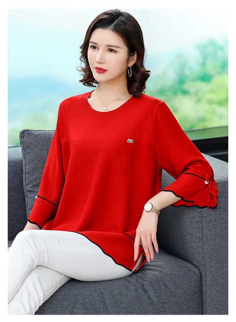6XL Mom Large Summer New Ice Silk Shirt 3/4 Sleeves Round necked T-shirt Knit Sweater Loose Top For Wearing Outwear Top Black