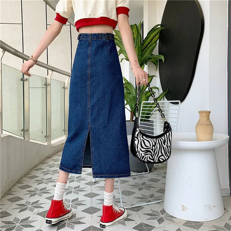 New 2022 Spring-Autumn Medium-Length Denim Skirt For Women High-Waisted Slimming Plus Size Curvy Girls A- Line Hip Covering Skir