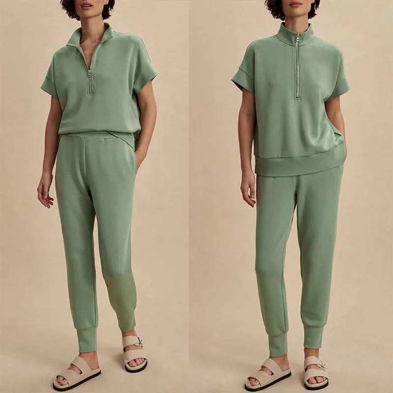 Casual Suit Fashion Zipper Loose Commuting Outfit Elegant Solid High Waist Set Summer Lady Stand Collar Short Sleeve Top + Pants