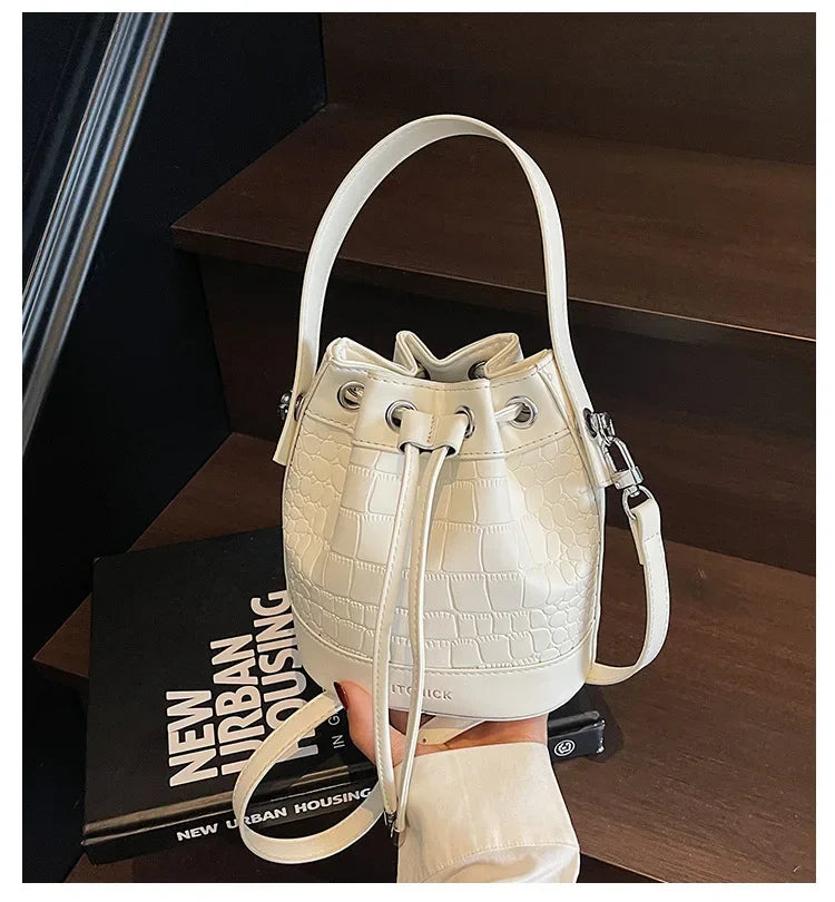 2025 New Trendy Women's Drawstring Tote Bag - Vintage Stone Texture Crossbody Satchel with Retro Minimalist Design