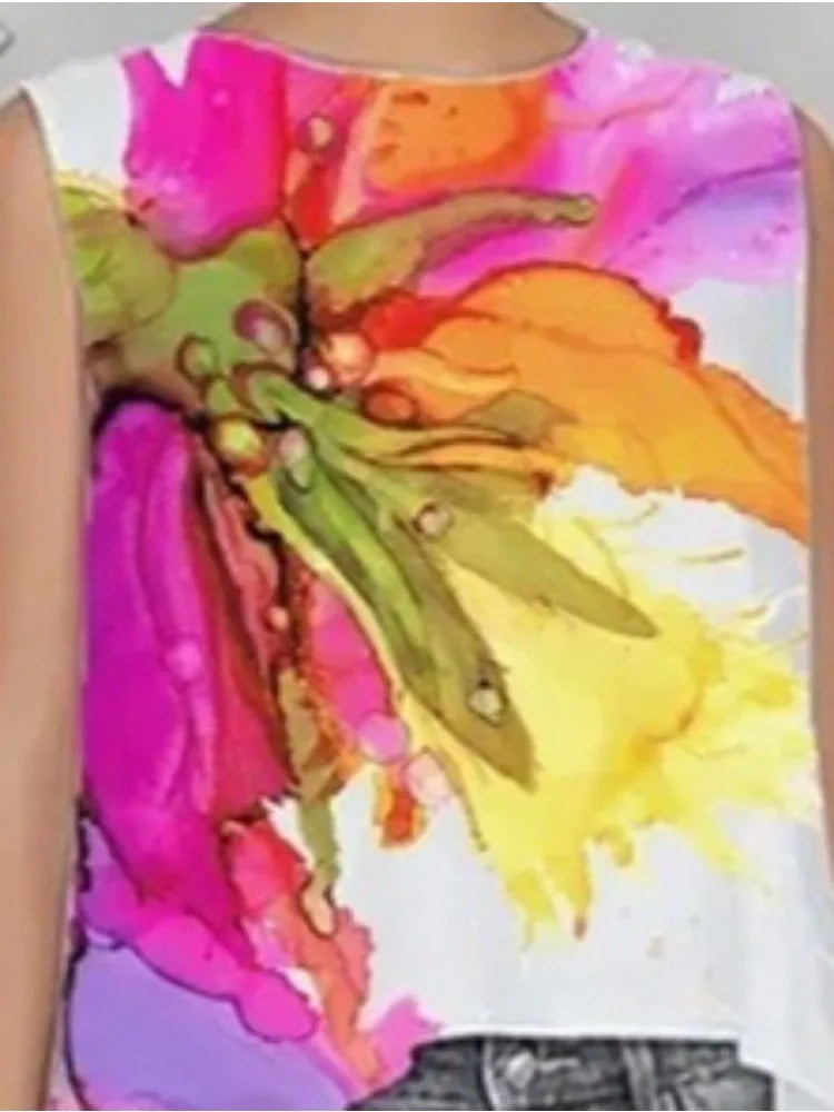 Beautyblue Women's High-Low Tops Flower Print Vest Top Fashion Casual Loose Sleeveless Round-Neck Elegant Blouses&Shirts Female