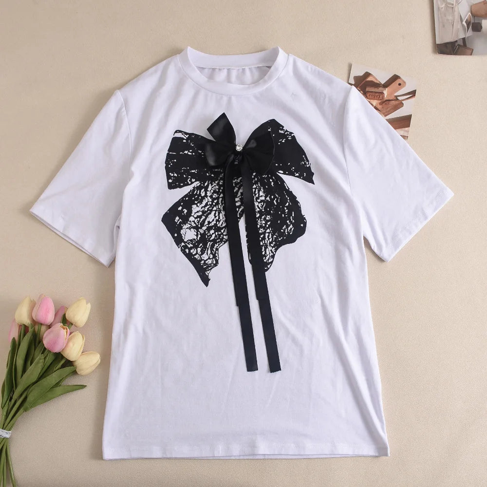 CM.YAYA Women's Set Bow O-Neck short sleeve Tops and lace Shorts Suits Streetwear Casual Two 2 Piece Outfits Tracksuits Summer