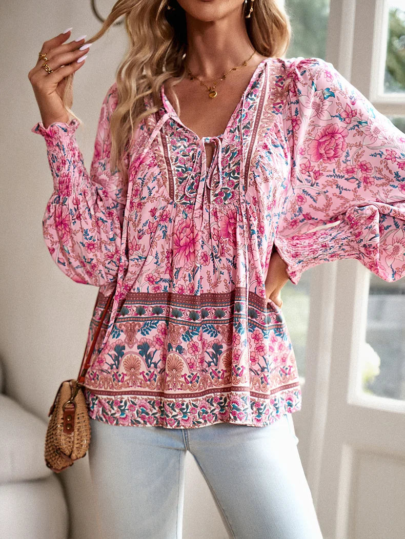 2025 Spring Summer Printed Shirt Women Elegant Chiffon V-neck Long-sleeve Top