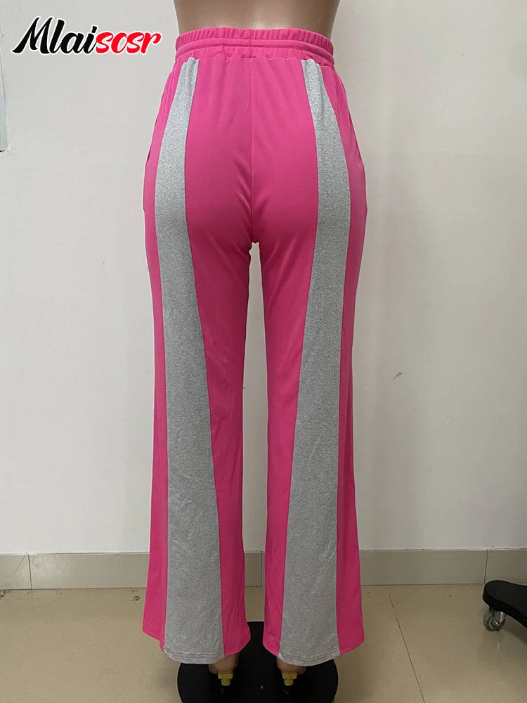 Mlaiscsr Fashion Pink Patchwork Loose Wide Leg Pants Women Drawstring High Waist Trousers Casual Streetwear Bottoms Sweatpants