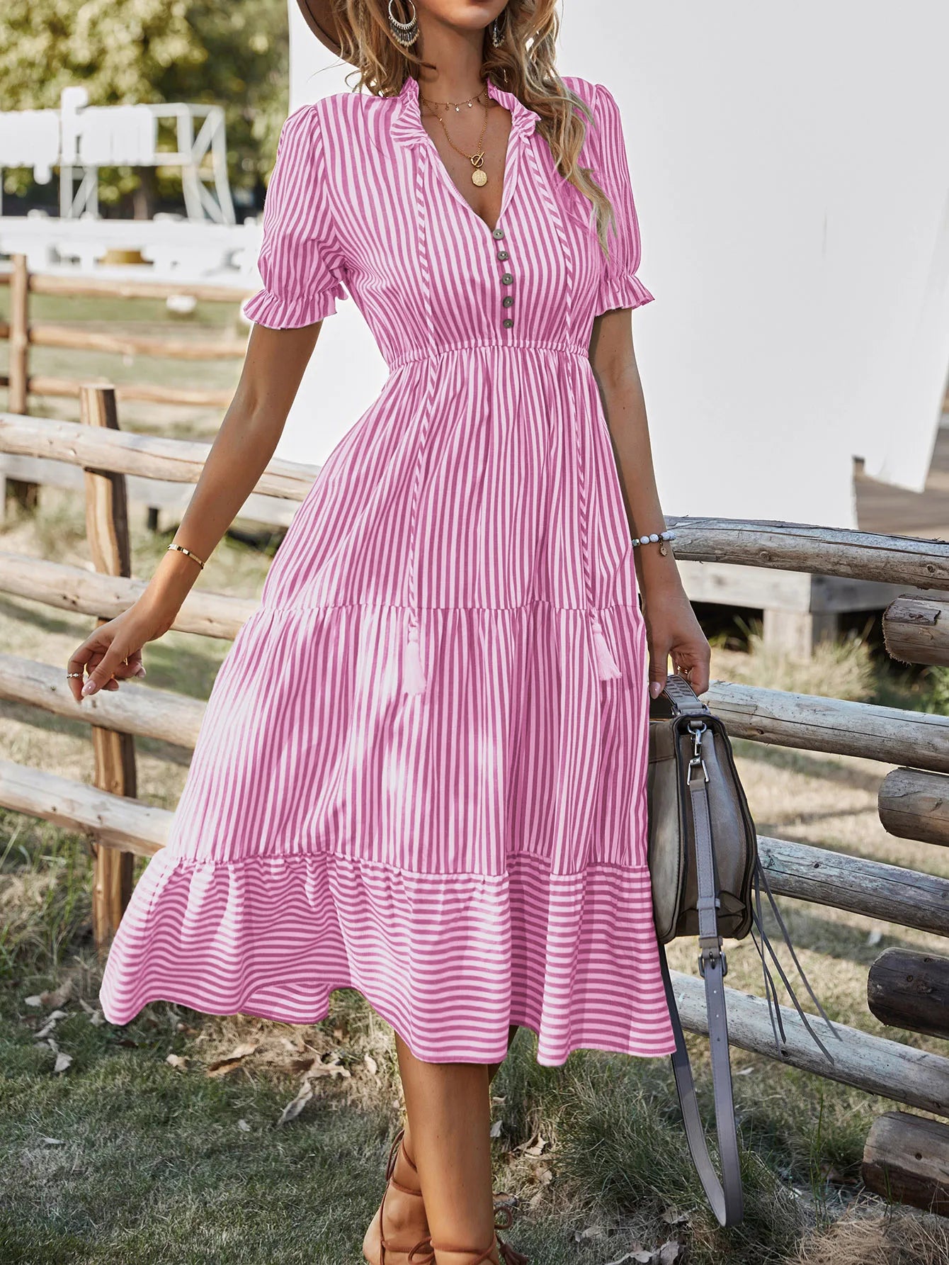Summer Women's Striped Short Sleeve V-Neck Elastic Waist Dress