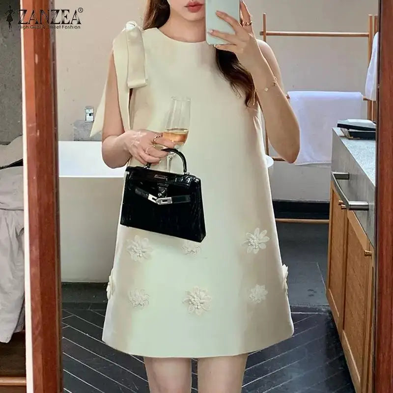 ZANZEA Women Elegant Sleeveless Mini Dress Korean Decor Flower Bow Tank Robe 2024 Autumn Round Neck Vestidos Holiday Party Dress