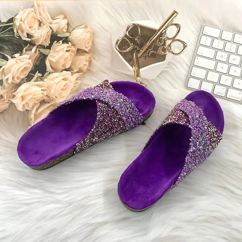 Summer Bling rhinestones Beach outside flat Women Slippers Fashion Casual Ladies Flip-Flops
