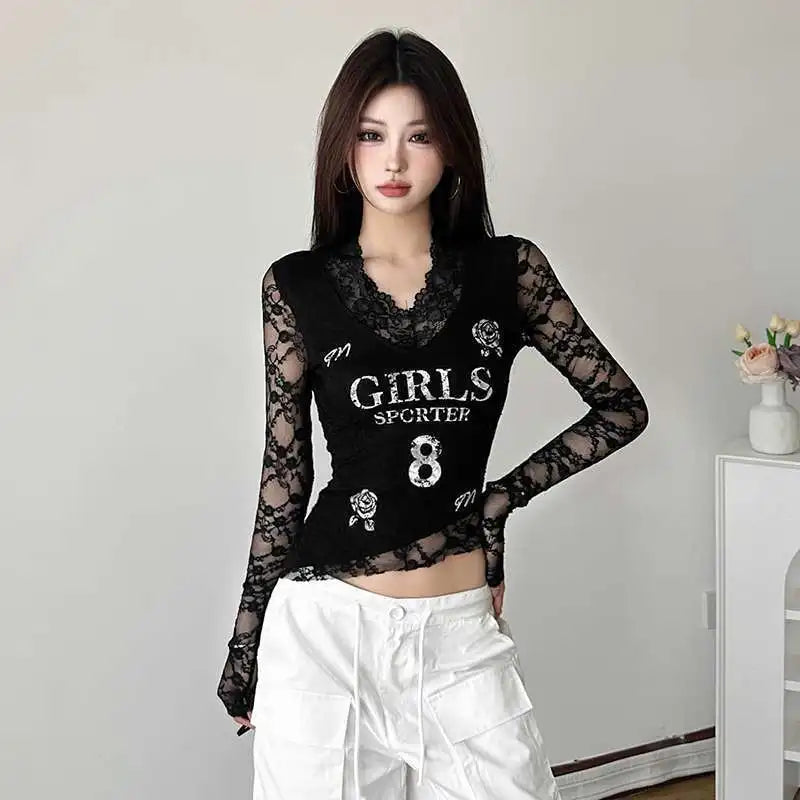 Trendy Sweet Hot Girl Lace Spliced hollow Perspective Design V-neck T-shirt Women's Letter Printing Slim Fit and Irregular Top