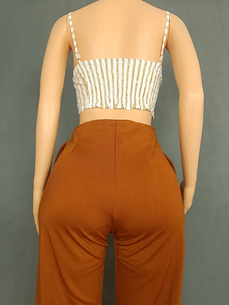 CM.YAYA Fashion Women's Set Striped Strap Floral Applique Crop Top and Wide Leg Pants Suit 2025 Two 2Piece Sets Outfit Tracksuit