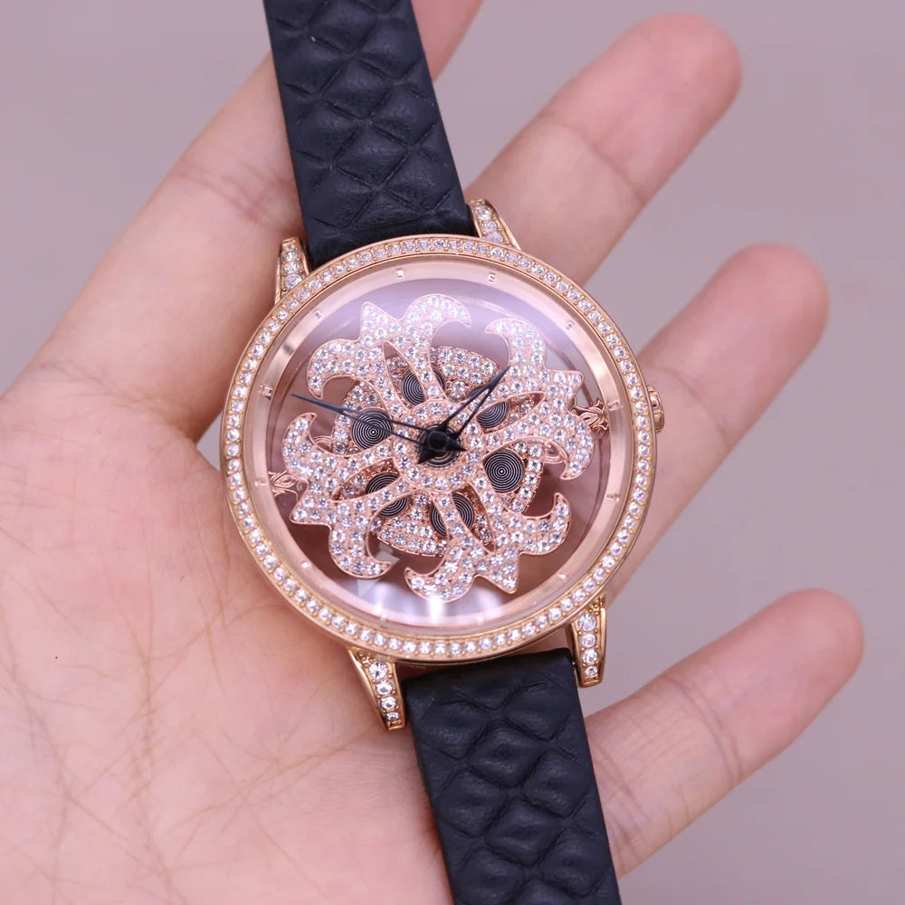 Luxury Davena Spin Snow Flower Women's Watch Japan Mov't Crystal Lady Hours Fine Fashion Real Leather Bracelet Girl's Gift Box