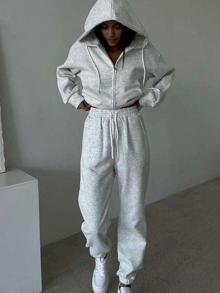 FSMG Casual Hooded Zippers Sweatshirts Pants Set Long Sleeved Cardigan Lace-up Sportswear Two Pieces Set Female Tracksuit Suit