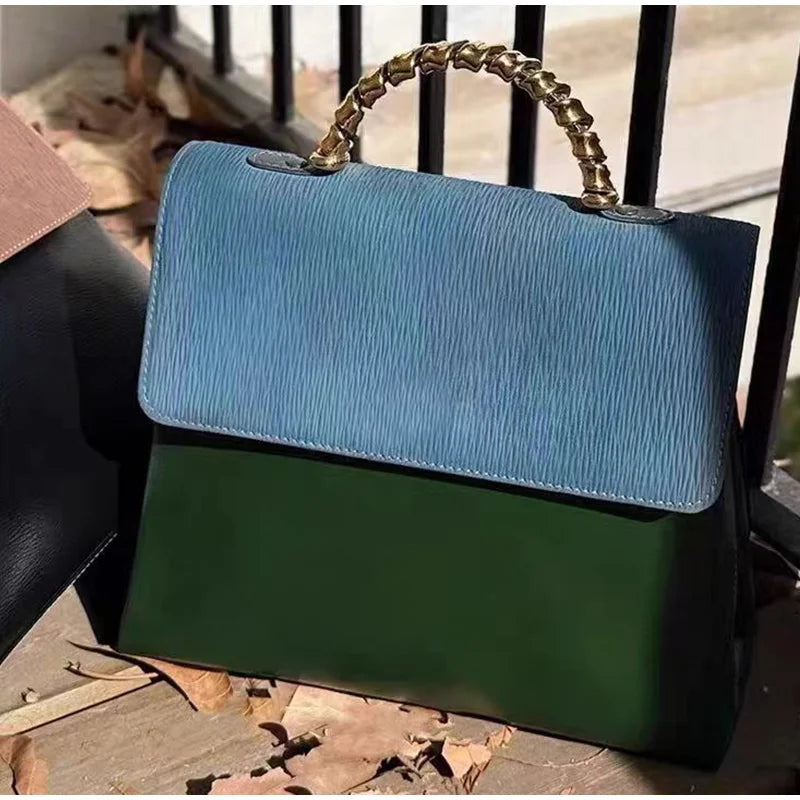 Brand Designer Small Square Bag Elegant Blue Green Stitching Fashion Trend Personality Texture Shoulder Bag Pu Leather Handbag