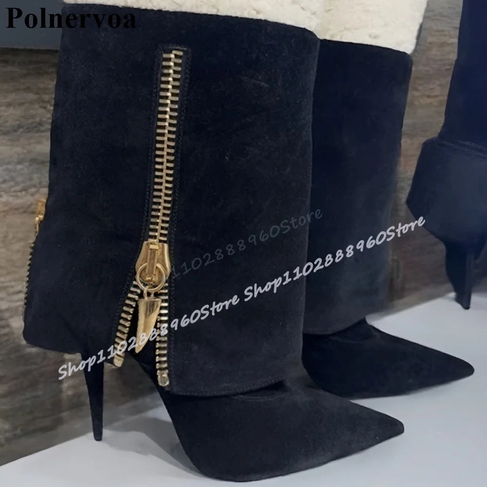 Gray Mid Calf Fold Over Metal Zipper Pointy Boots Suede Thin High Heel Shoes For Women Pointed Toe Trending Zapatos Para Mujere