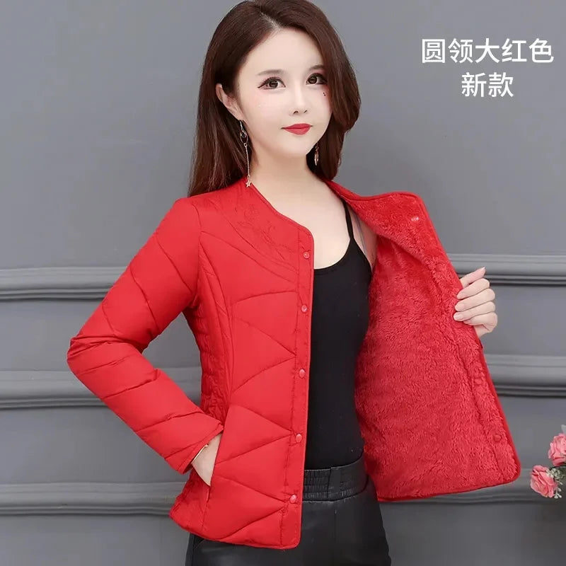 Winter Down Padded Jacket Women's Inner Short Mother's Wear Velvet Thickening Middle-Aged Elderly Mom Wear Pocket Jacket Pink