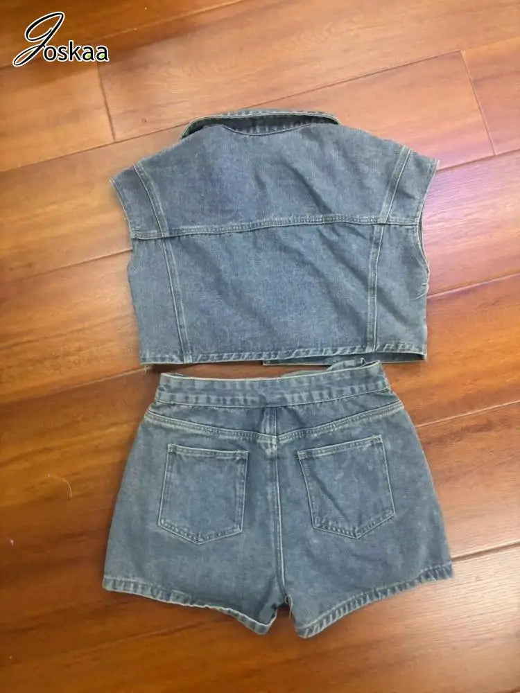 Joskaa Patchwork Stretch Denim 2 Piece Sets Women Lapel Button Pocket Tank Tops and Irregular Shorts Matching 2025 Streetwear