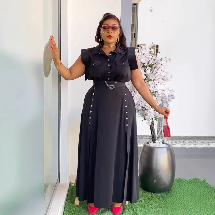 CM.YAYA Women's Set OL Sleeveless Shirt + Cargo Split Long Skirts Suit 2025 Summer Party Evening Street Two 2 Piece Set Outfits