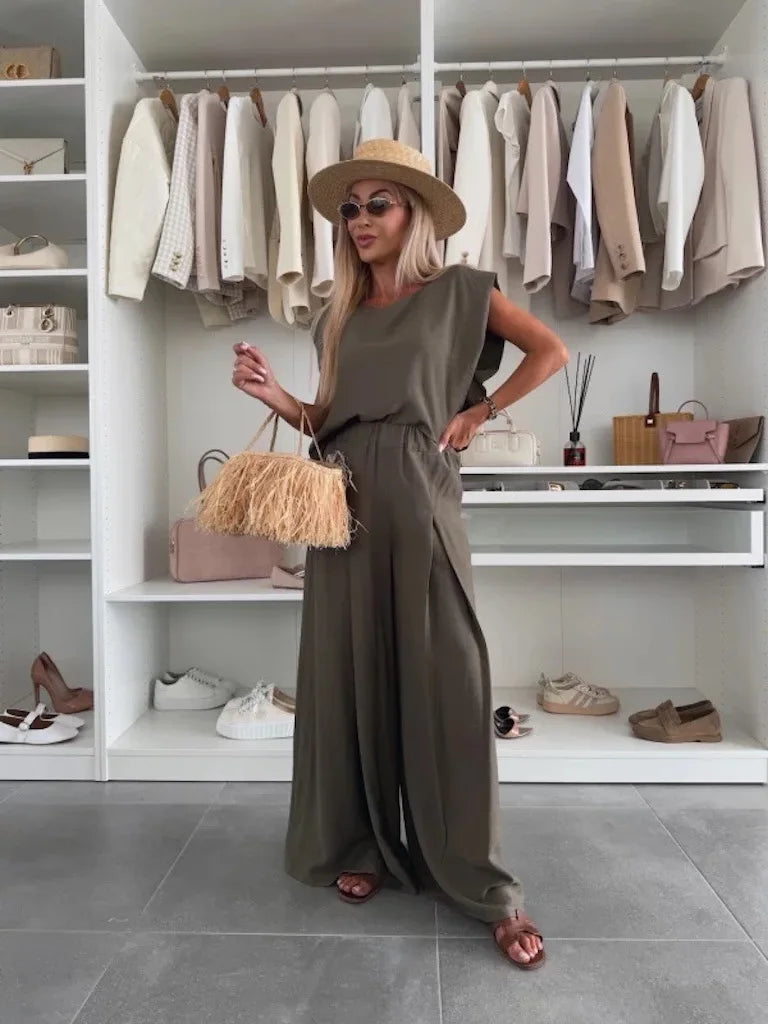 Women's Casual 2-Piece Set Crew Neck Sleeveless Top Wide Leg Pants Set Summer Casual Loungewear Outfit for Travel Vacation