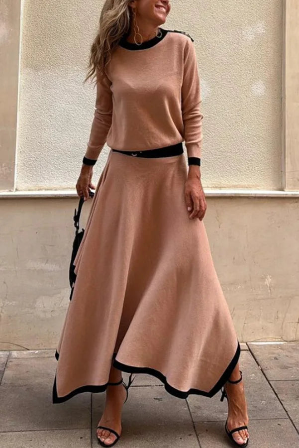 Women Casual Long Sleeve 2Pc Set Fashion Color Blocked Loose 2Pc Outfits Elegant O-neck Pullover Top & lrregular Long Skirt Suit