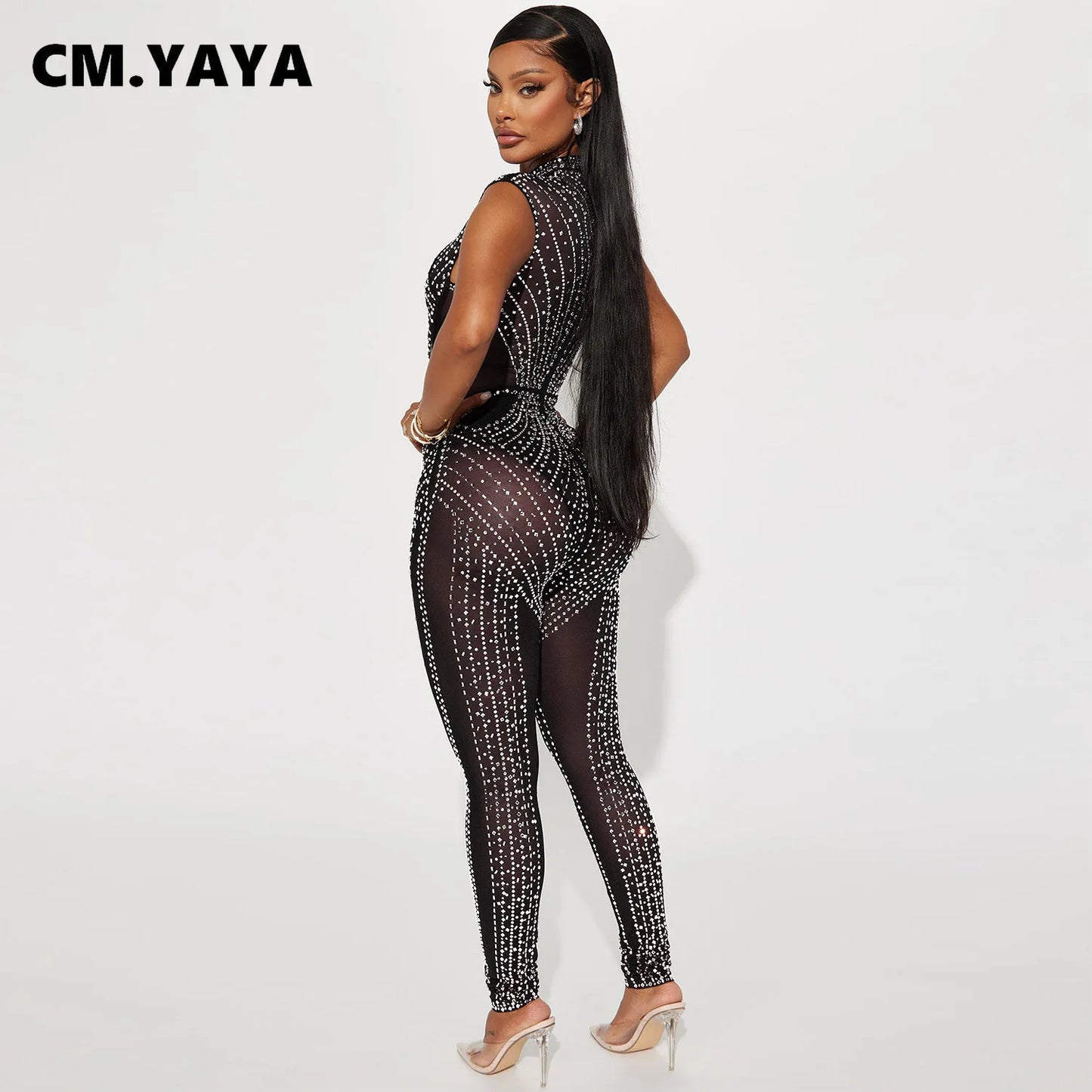 CM.YAYA 2024 Spring/Summer Women Fashion Rhinestone Mesh See Through Sleeveless Jumpsuits Sexy Party Club One Piece Suit Outfits