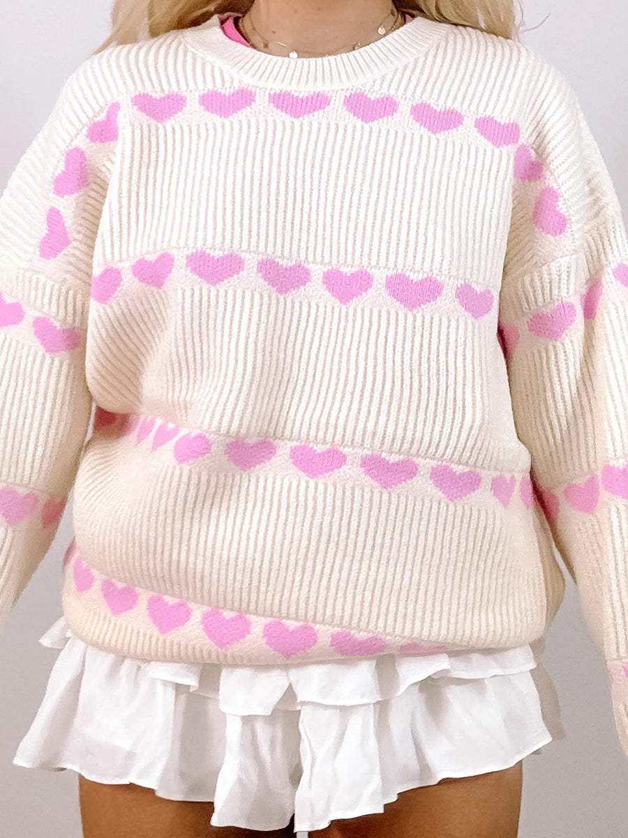 Women Valentine's Day Knit Sweater Heart Print Long Sleeve Round Neck Pullovers Fall Winter Casual Loose Knitted Jumpers Tops