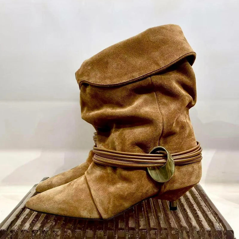 Vintage Stiletto Low Heel Boots Women's Fashion Brand Pleated Ankle Boots Brown Pointed High-end Texture New Cowboy Boots Shoes