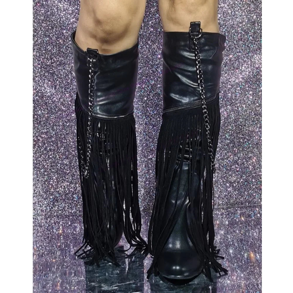 Black Tassel Metal Chain Boots Patchwork Round Toe Shoes for Women Knee High Thin High Heels Sexy Shoes 2025 Zapatos Para Mujere