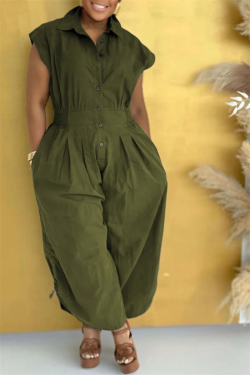 Doyerl Solid Casual Summer Jumpsuit Woman Clothing Turn-down Collar Button Up Sleeveless Loose Rompers One Piece Overalls 2025