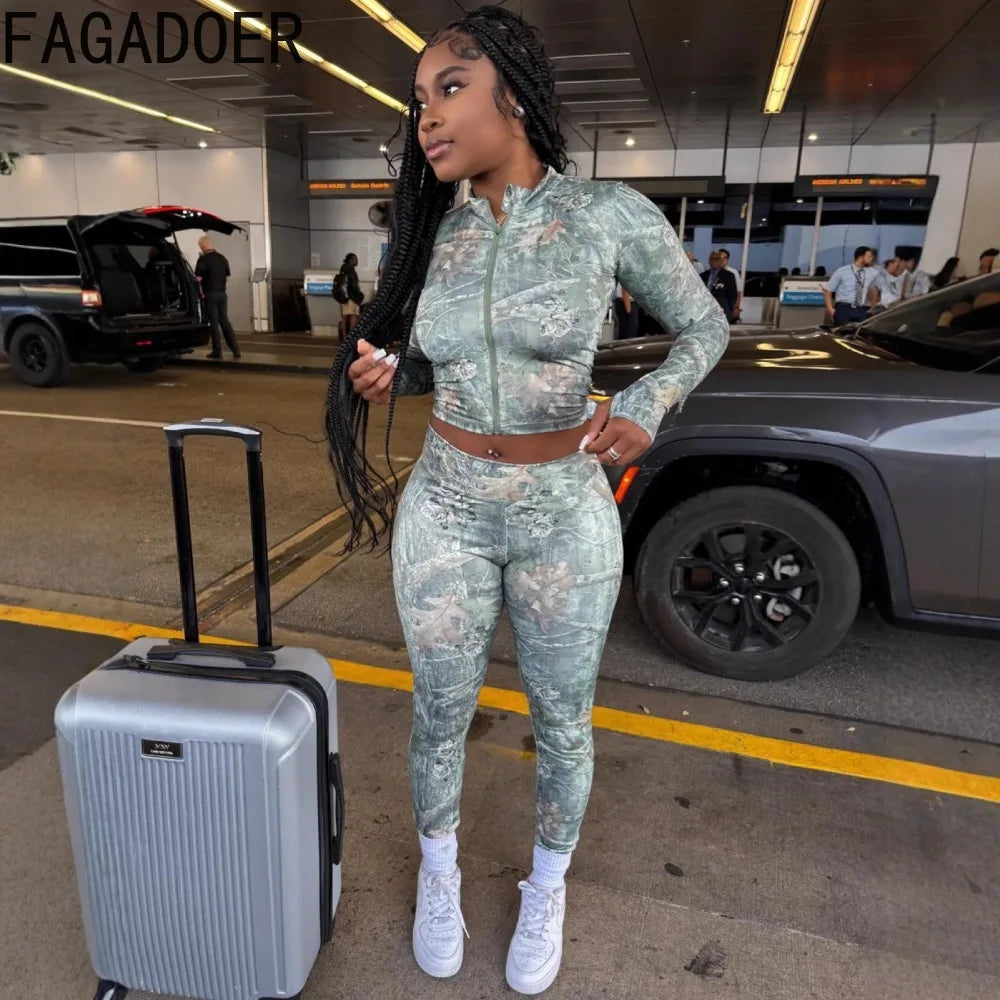 FAGADOER Y2K Fashion Pattern Printing 2 Piece Sets Woman Outfit Long Sleeve Zip Crop Top + Pants Matching Suit Female Streetwear