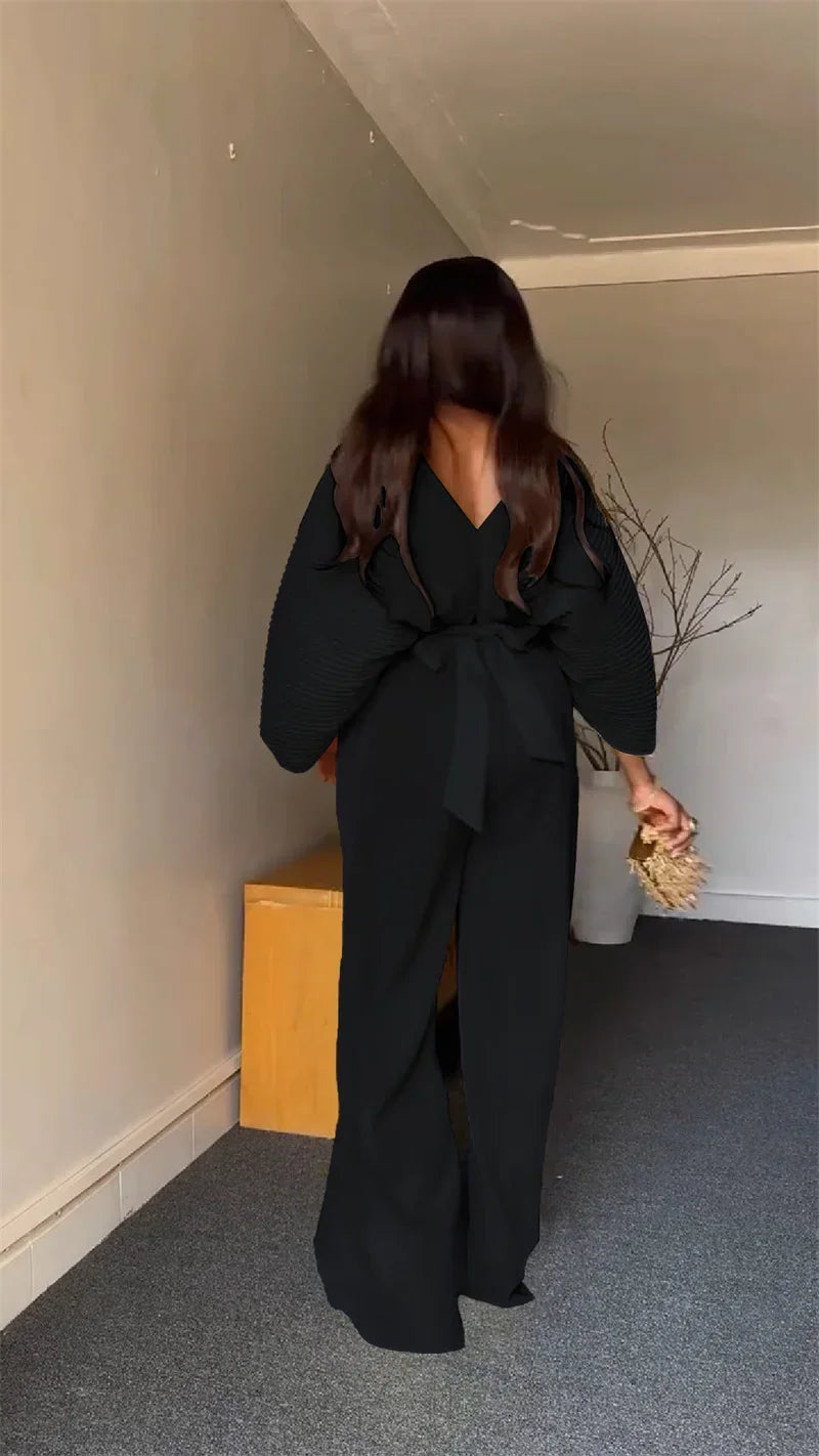 Pleated Blouse V Neck Full Sleeve and Wide Leg Pants Women Loose 2 Pieces Sets Elegant Office Ladies African Outfits 2025