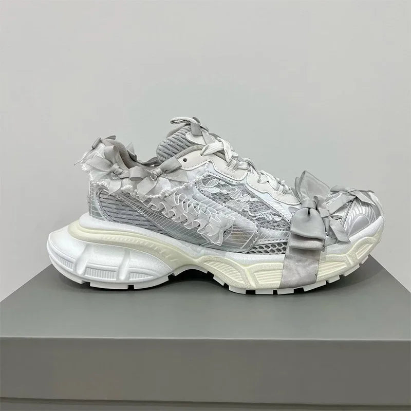 Luxury Brand Thick-soled Sports Shoes Women Bow Tie Casual Run Shoe Versatile Mesh Breathe Comfort Outdoor Large Size Women Shoe