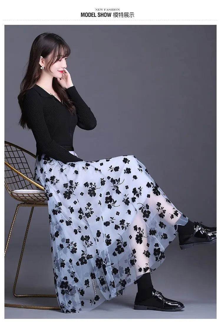Flocking Floral Pirnted Long Mesh Skirt for Women, High Waist, Max Pleated Tutu, Tulle Skirt, Gauze Skirt, Female, 2025