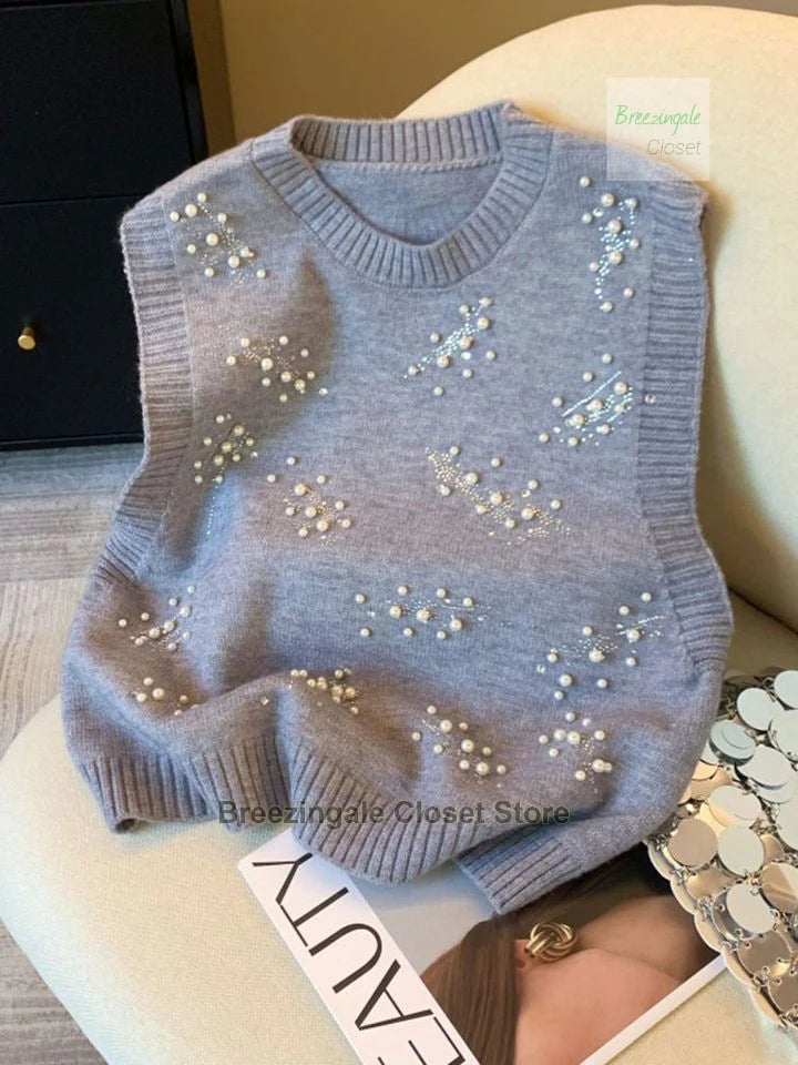 French style design nail bead inlaid diamond knitted vest for women's spring new style, sleeveless camisole top for outerwear