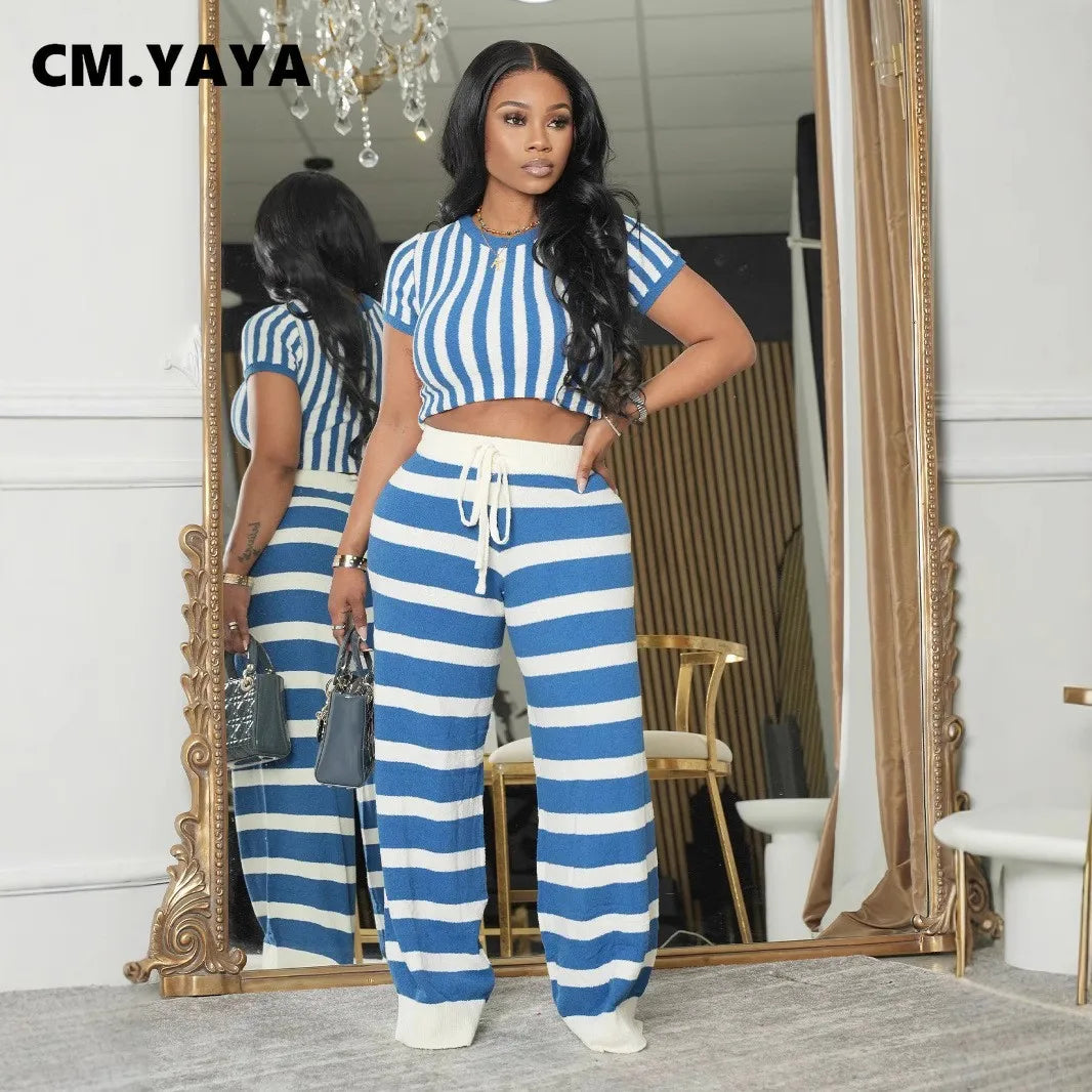 CM.YAYA Women's Set Short Sleeve Striped T-shirt + Wide Leg Pants Active Fitness Streetwear Two 2 Piece Sets Outfits Tracksuit