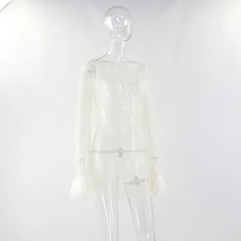 See Through Mesh Mini Dress Women Autumn Black Long Sleeves O-Neck Bodycon Elegant Sexy Dress Club Partywear Fashion Streetwear