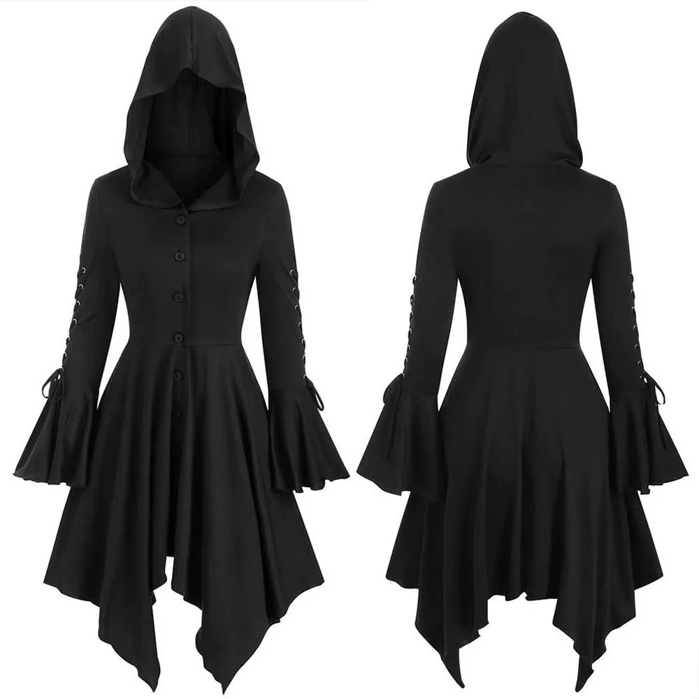 Halloween Women's Gothic Hooded Ruffle Flared Sleeve Lace Up Cloak Cape Tunic Tops Ladies Party Witch Costume Size S-2XL