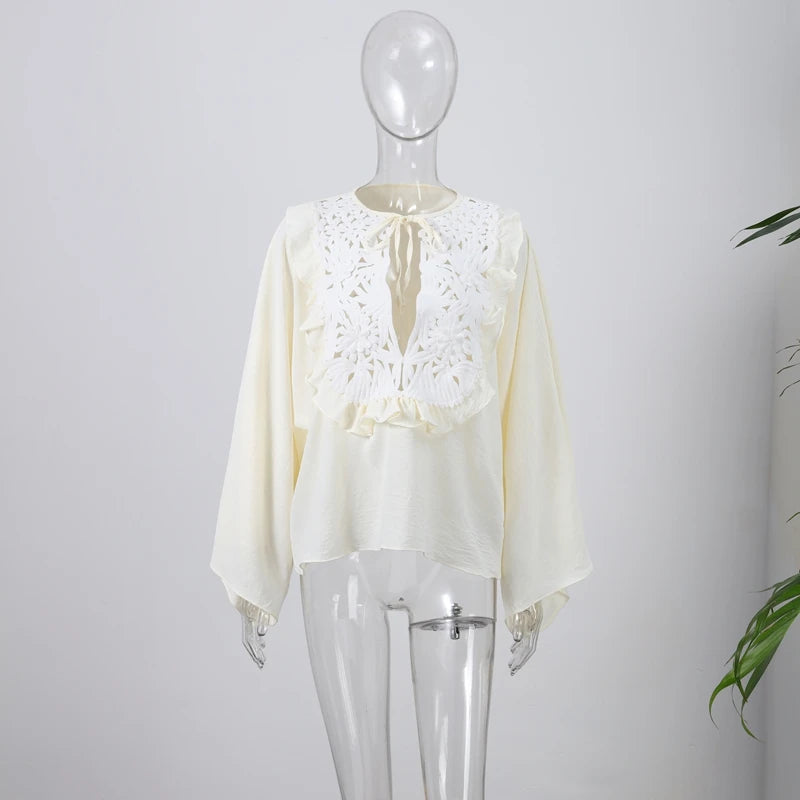 Floral Hollow Embroidery Mini Skirt Sets Women 2 Pieces Flare Sleeved Women Suit Casual Two Piece Set Summer Women Outfit