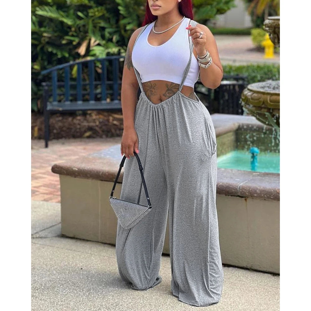 2025 Fashion Women Plain Wide Leg Suspender Jumpsuit Femme Fold Tied Detail Casual Overalls Summer Solid Sporty Pants Clothes
