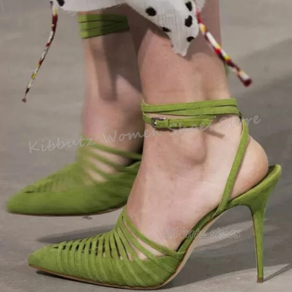 Hollow Pumps Belt Buckle Luxury Leather Solid Color Fashion Concise Elegant Novelty Sexy Women Shoes Newest Pointy Thin Heels
