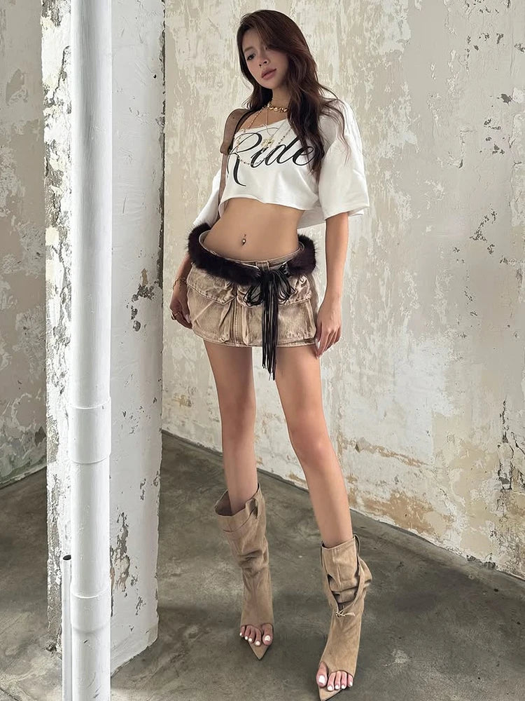 Weird Puss Letter Print Crop Tops Women Summer Trend Wild Biased Collar Street Skinny Simple Classic Streetwear Daily Soft Tees