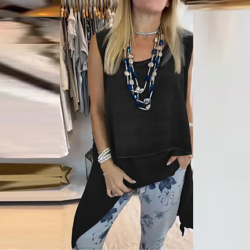 Casual Summer O-neck Multi-color Commuting Blouses Elegant High Street Loose Tees Simple Solid Color Hollow Sleeveless Vest Top