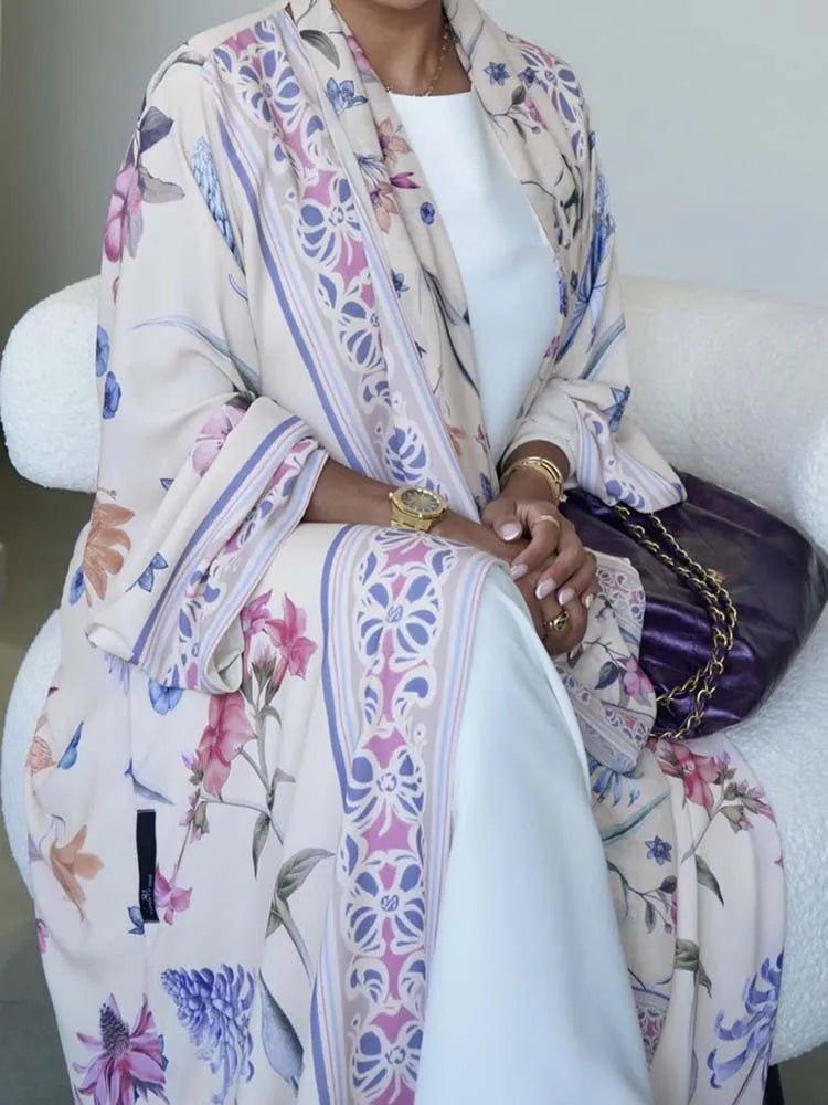 Elegant High Street Swing Vacation Jackets 2025 New Women's V Neck Autumn Coat Floral Print Long Sleeved Loose Muslim Cardigan