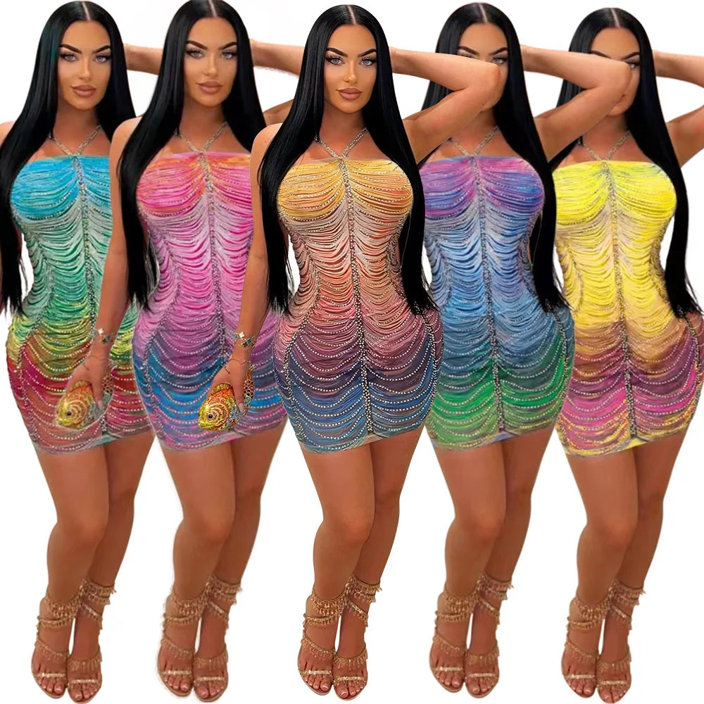 CM.YAYA Women Rainbow Diamonds Crystal Tassel Halter Neck Bodycon Midi Dress 2024 Evening Sexy Party Club Chic Dresses Vestidos
