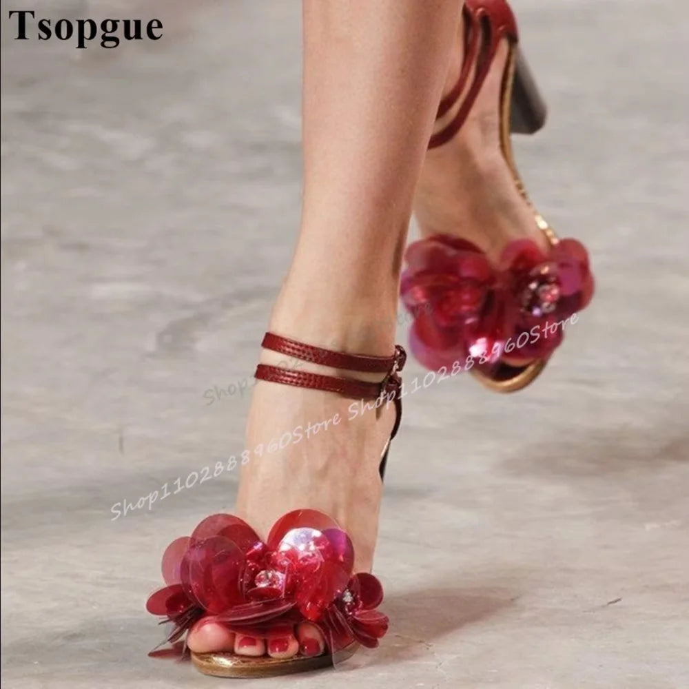 Red Plastic Sheet Flower Decor Sandals Chunky High Heel Women Shoes Ankle Buckle Strap Open Toe Luxury Catwalk Banquet Sandals