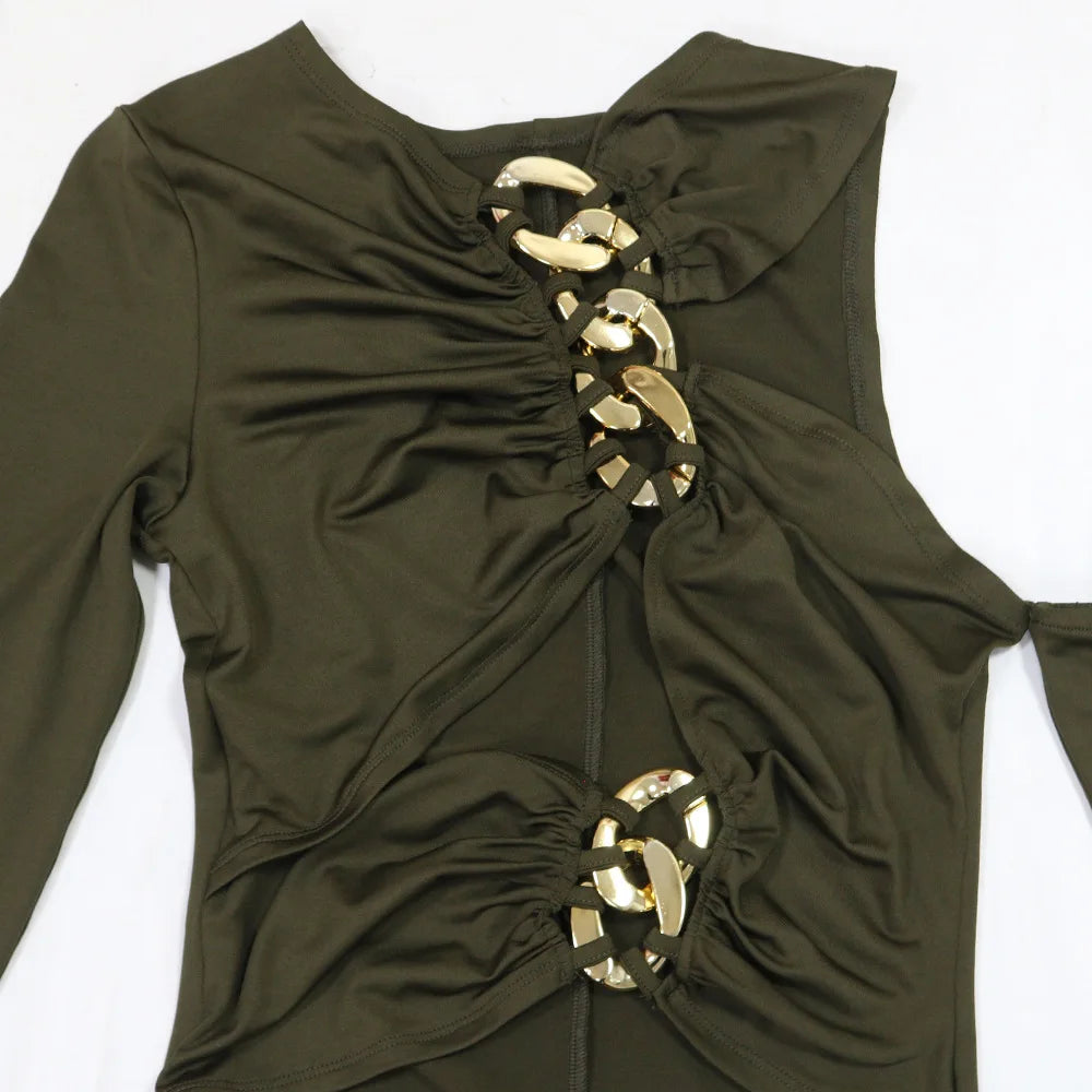 Joskaa Elegant Metal Decoration Hollow Birthday Dress Woman Sexy Irregular Full Sleeve High Split Maxi Dresses 2025 Clubwear
