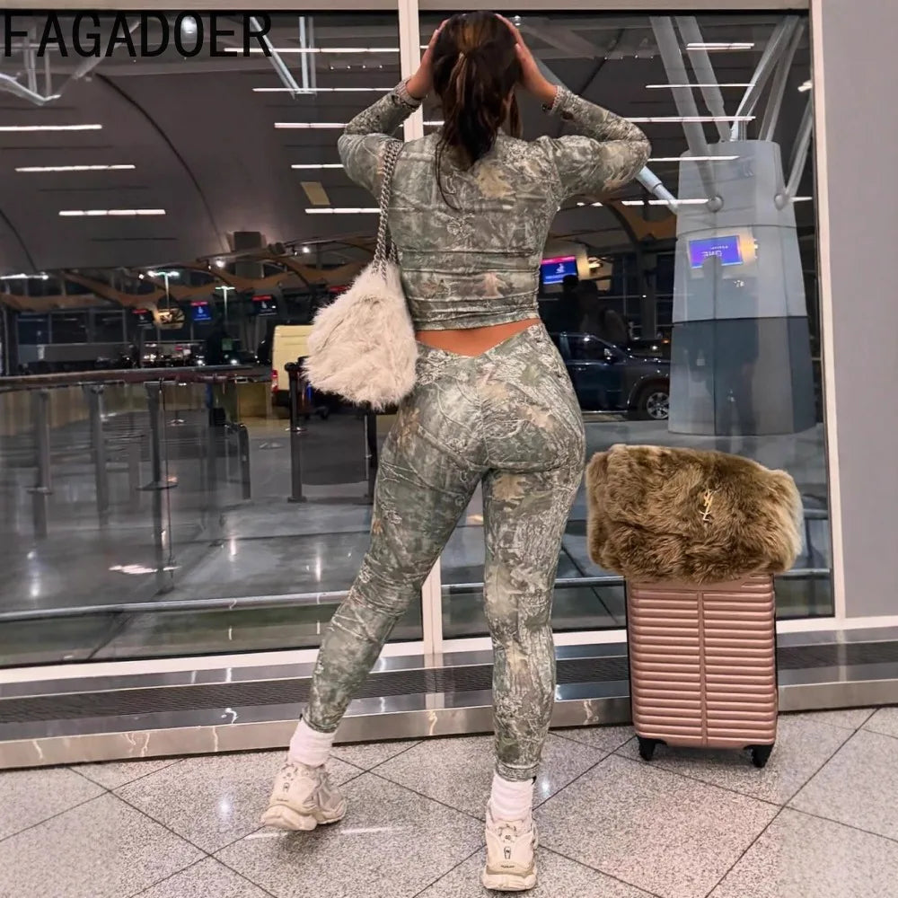 FAGADOER Y2K Fashion Pattern Printing 2 Piece Sets Woman Outfit Long Sleeve Zip Crop Top + Pants Matching Suit Female Streetwear