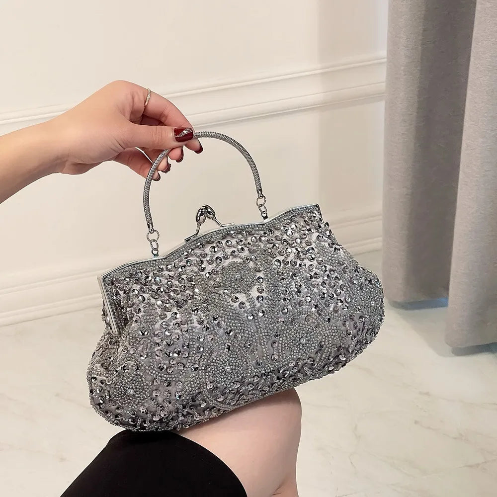 Fashion Glitter Clip Evening Purse Bead Embroidery Clutch Crossbody Bag Women Banquet Bridesmaid Wedding Party Tote Shoulder