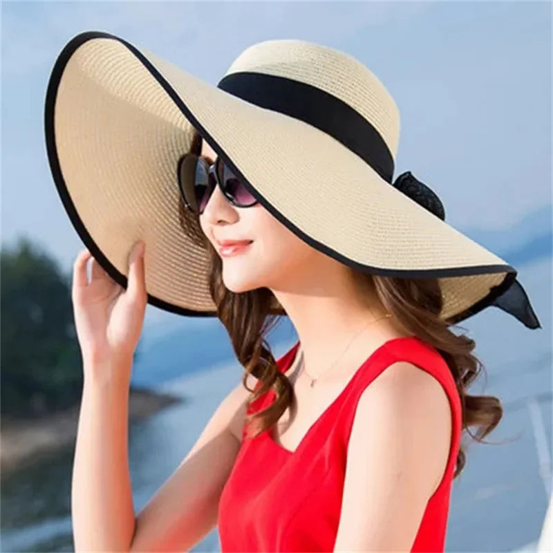 Hat Big-brimmed Cool Hat Women's Summer Sun Visor Sun-Proof Foldable Straw Hat UV-Proof Beach Sun Hat Summer Face Covering