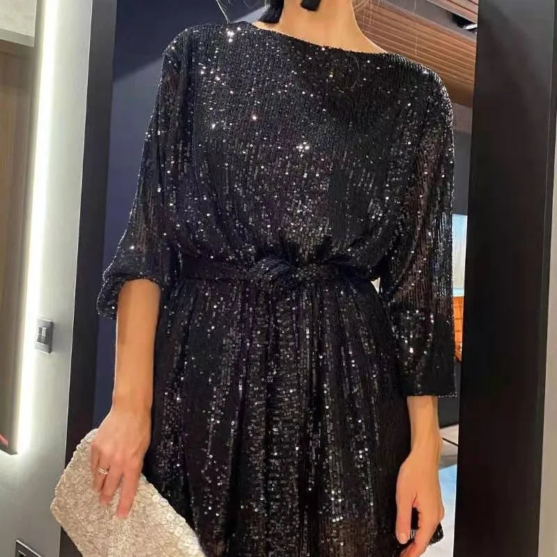 Sparkly Puff Long Sleeve Party Dress with Belt for Women Glitter Beaded Mini Dress Loose Wedding Bridesmaid Ladies Short Dresses