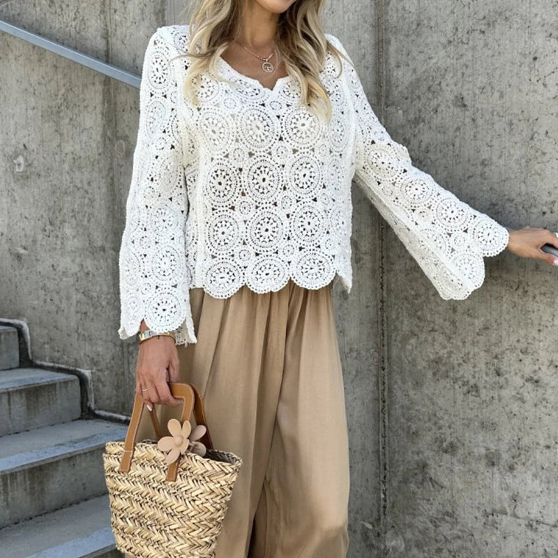 New Casual Solid Color Beach Cover Tees Sexy V-neck Long Sleeved Crochet Top Summer Vacation Hollow Out Knitted Women's T-shirt